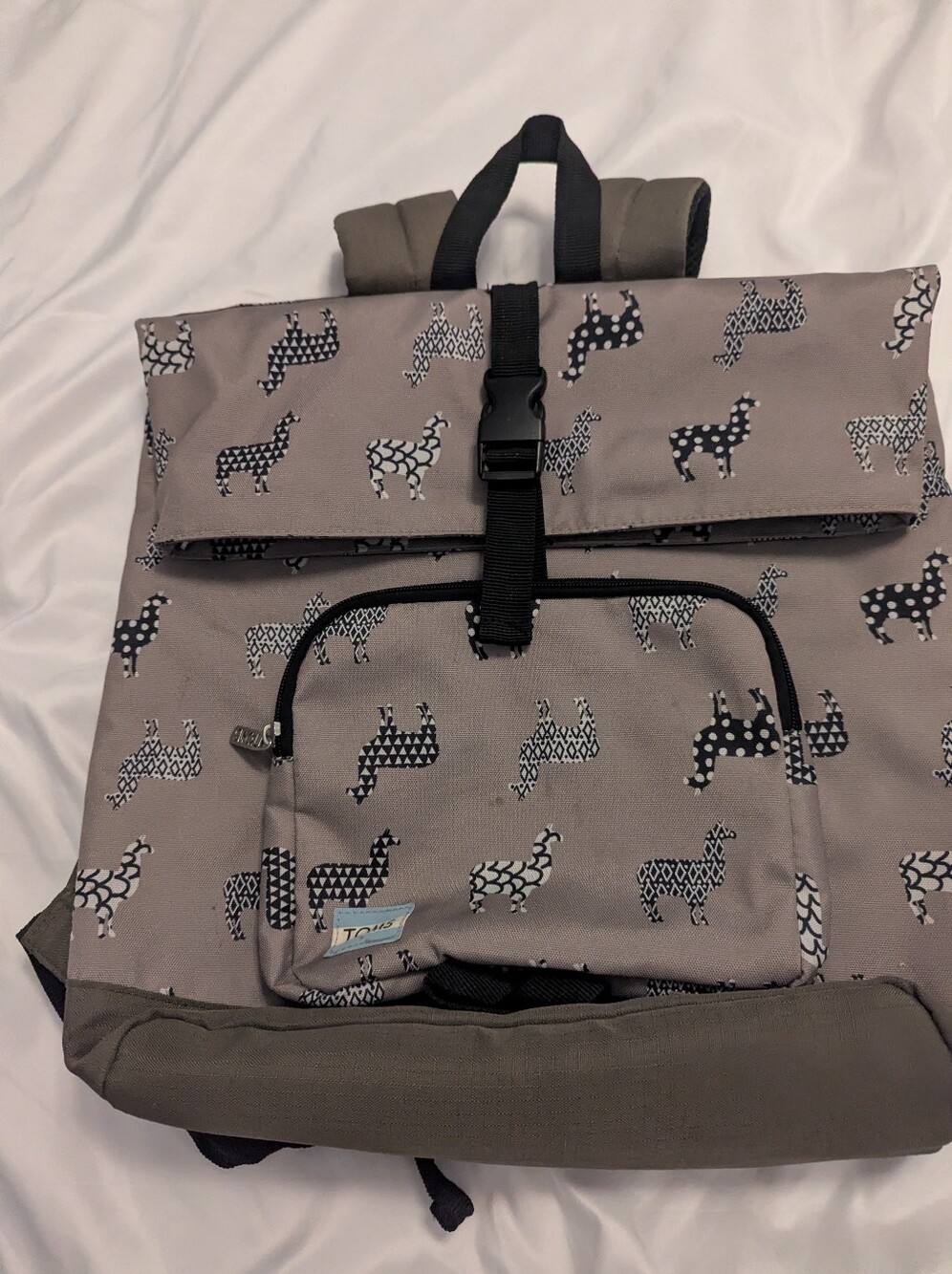 TOMS Gray Canvas Roll-Top Backpack with Black & White Llama Print